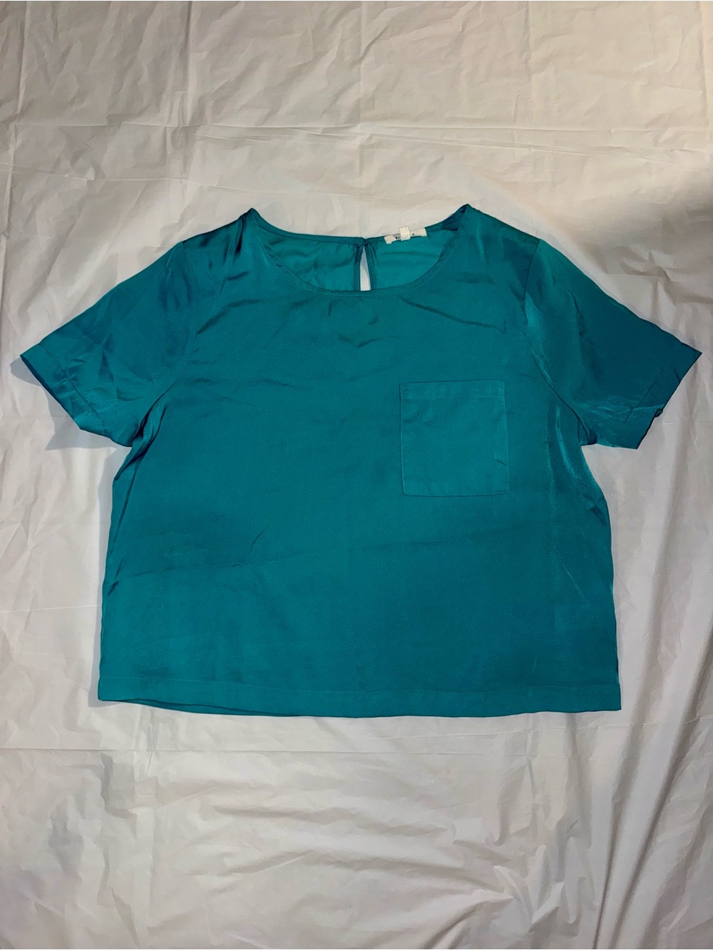 Pleione Teal Satin Short-Sleeve Pocket Blouse